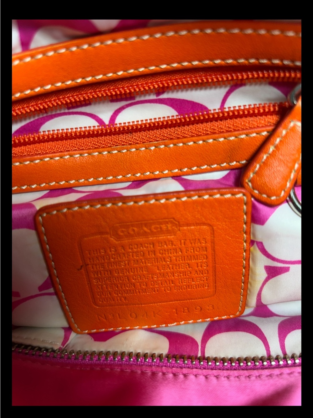 Coach Hamptons Mini Satin-Nylon Tote, Hot Pink/Orange Leather, 2004 Style: #1893 - Picture 10 of 10